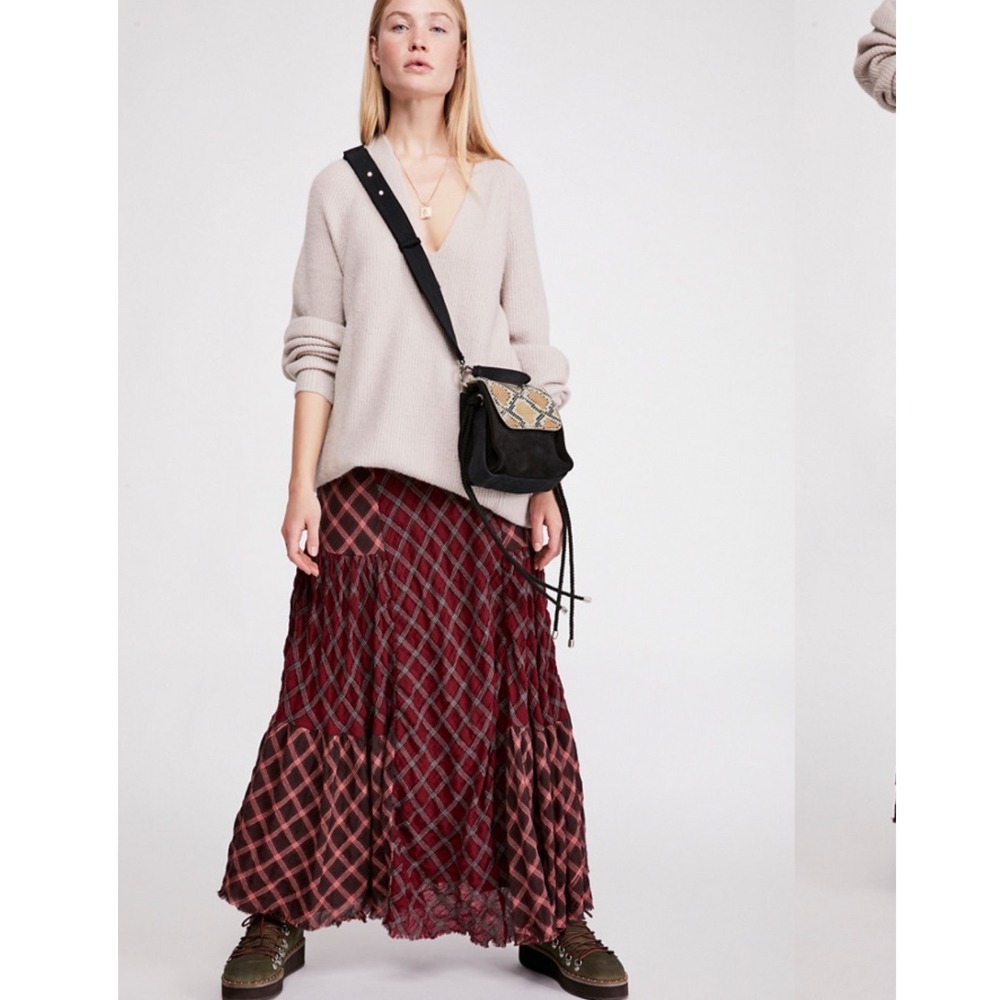 Free People Prairie Dreams Maxi Skirt Women 8 Burgundy Plaid Tiered Boho